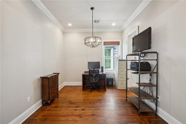 819 Franklin Ave, New Orleans, LA 70117 - home office featuring crown molding, wood finished floors, recessed lighting, and a chandelier