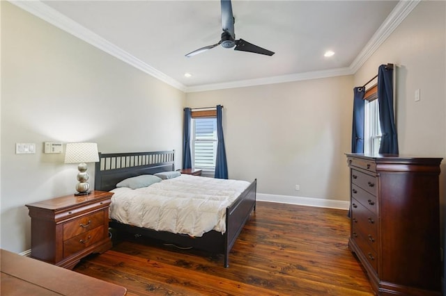819 Franklin Ave, New Orleans, LA 70117 - bedroom with dark wood-style flooring, recessed lighting, ornamental molding, and a ceiling fan