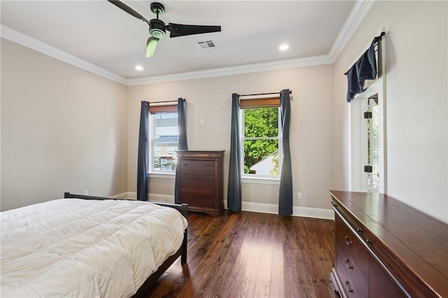 819 Franklin Ave, New Orleans, LA 70117 - bedroom featuring dark wood-style floors, ornamental molding, a ceiling fan, and recessed lighting