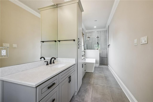 819 Franklin Ave, New Orleans, LA 70117 - full bath featuring ornamental molding, vanity, a shower stall, and a freestanding bath