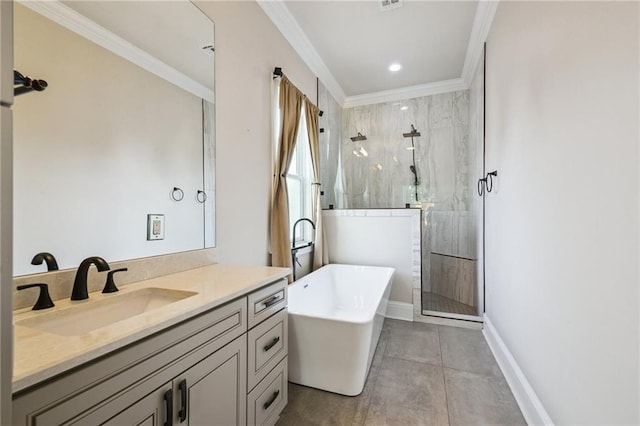 819 Franklin Ave, New Orleans, LA 70117 - full bathroom with a marble finish shower, vanity, a soaking tub, ornamental molding, and recessed lighting