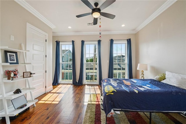 819 Franklin Ave, New Orleans, LA 70117 - bedroom with wood finished floors, ornamental molding, recessed lighting, and a ceiling fan