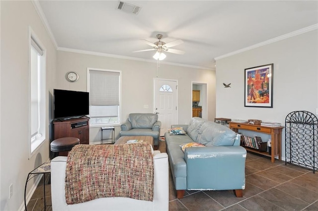 271 Lakeview Dr, Slidell, LA 70458 - tiled living room featuring ornamental molding, plenty of natural light, and ceiling fan