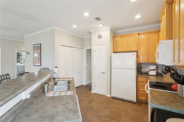 271 Lakeview Dr, Slidell, LA 70458 - kitchen featuring white appliances, crown molding, recessed lighting, washer / clothes dryer, and tile patterned floors