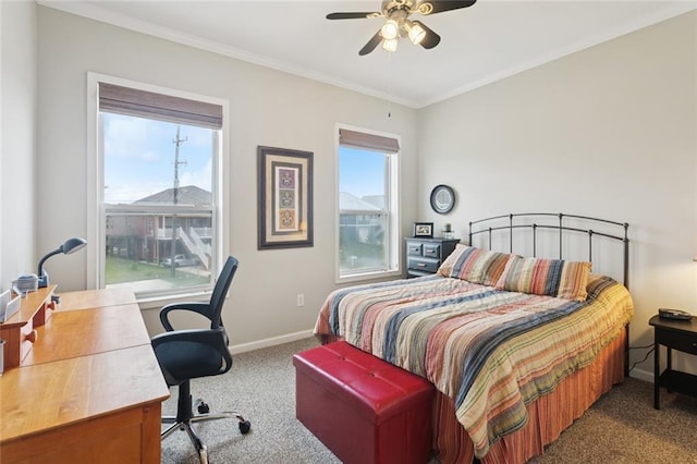 271 Lakeview Dr, Slidell, LA 70458 - carpeted bedroom featuring ornamental molding, a desk, and a ceiling fan
