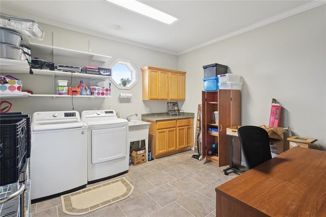 271 Lakeview Dr, Slidell, LA 70458 - laundry room with washer and clothes dryer, cabinet space, crown molding, and a desk