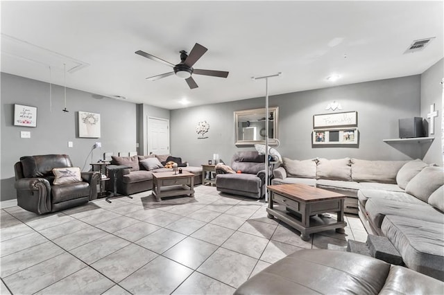 1799 Kings Row, Slidell, LA 70461 - living room with attic access, light tile patterned floors, and a ceiling fan
