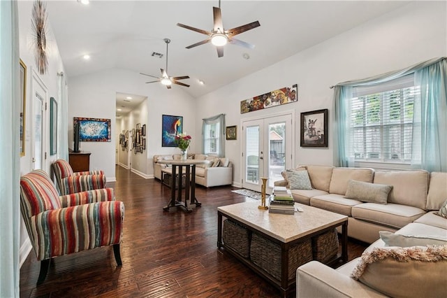 6744 Canal Blvd, New Orleans, LA 70124 - living area featuring a ceiling fan, dark wood-type flooring, lofted ceiling, and recessed lighting