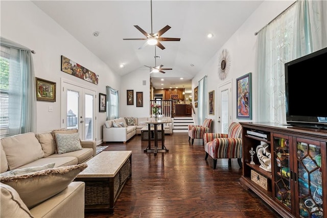 6744 Canal Blvd, New Orleans, LA 70124 - living area with lofted ceiling, french doors, a ceiling fan, dark wood-style flooring, and stairway