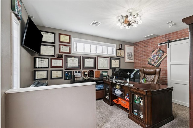 6744 Canal Blvd, New Orleans, LA 70124 - office with carpet flooring, a chandelier, brick wall, and a barn door