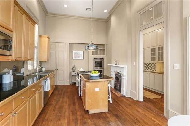 3325 Coliseum St, New Orleans, LA 70115 - kitchen featuring a fireplace, appliances with stainless steel finishes, ornamental molding, a kitchen island, and dark wood-style floors