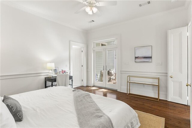 3325 Coliseum St, New Orleans, LA 70115 - bedroom featuring crown molding, wood finished floors, french doors, access to outside, and a ceiling fan
