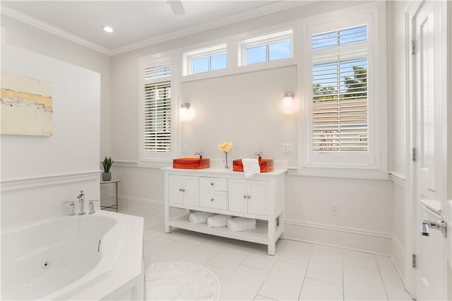3325 Coliseum St, New Orleans, LA 70115 - bathroom with healthy amount of natural light, a whirlpool tub, vanity, crown molding, and recessed lighting