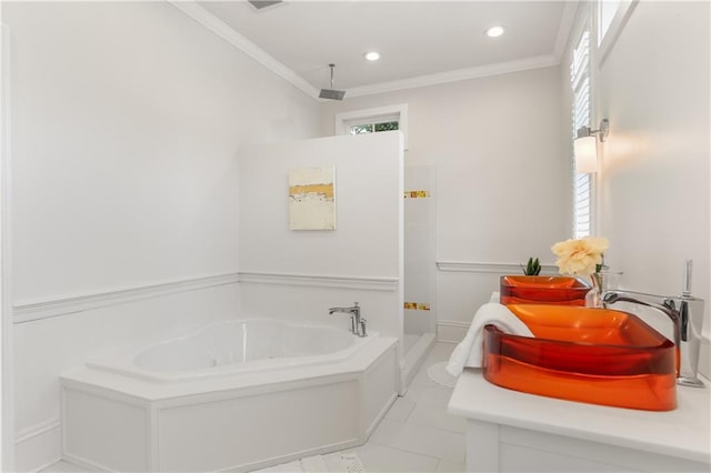 3325 Coliseum St, New Orleans, LA 70115 - full bath with a whirlpool tub, ornamental molding, vanity, walk in shower, and recessed lighting