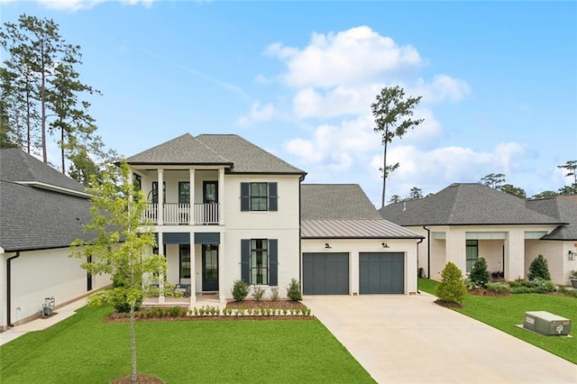 1185 Delta Ln, Covington, LA 70433 - view of front of property with a balcony, an attached garage, a front yard, and concrete driveway