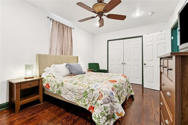 2517 Myrtle St, New Orleans, LA 70122 - bedroom featuring dark wood-style flooring, a closet, and ceiling fan