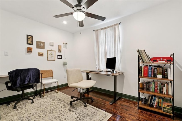 2517 Myrtle St, New Orleans, LA 70122 - home office with a ceiling fan, wood finished floors, and recessed lighting
