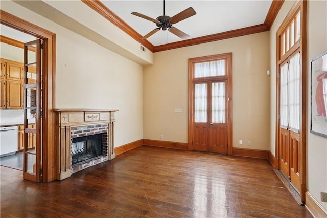 1124 Barracks St, New Orleans, LA 70116 - unfurnished living room featuring crown molding, dark wood finished floors, a ceiling fan, and a fireplace