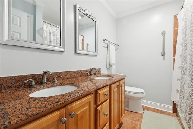 4400 Cleveland Pl, Metairie, LA 70003 - bathroom with double vanity, ornamental molding, tile patterned floors, and a shower with curtain