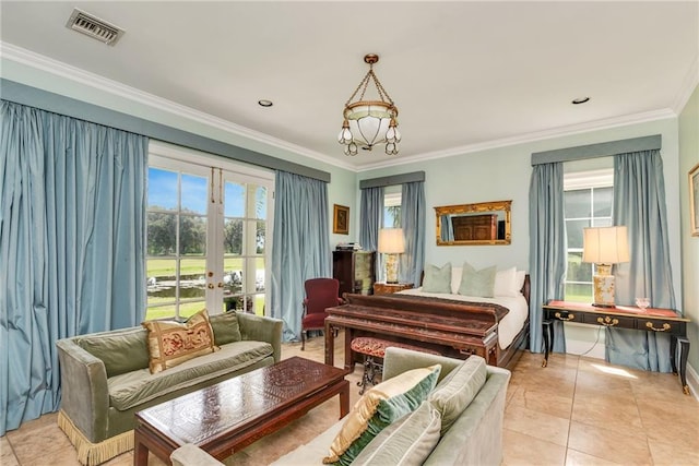 15 Muirfield Pl, New Orleans, LA 70131 - sitting room with french doors, ornamental molding, light tile patterned flooring, and a chandelier
