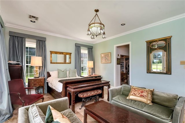 15 Muirfield Pl, New Orleans, LA 70131 - bedroom featuring crown molding, a spacious closet, a chandelier, and a closet