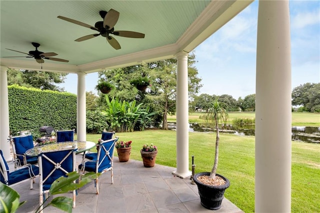 15 Muirfield Pl, New Orleans, LA 70131 - view of patio with a water view, ceiling fan, and outdoor dining area