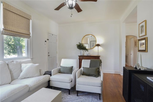 4717 Orleans Blvd, Jefferson, LA 70121 - living area featuring a ceiling fan, wood finished floors, and arched walkways
