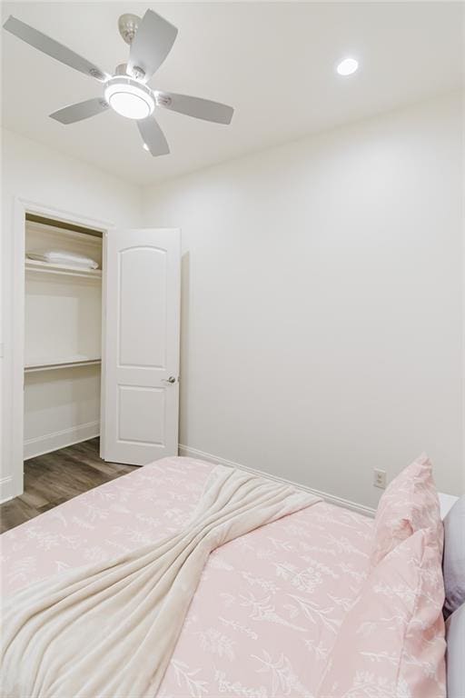 8532 Regiment Dr, Chalmette, LA 70043 - bedroom featuring wood finished floors, a closet, a ceiling fan, and recessed lighting