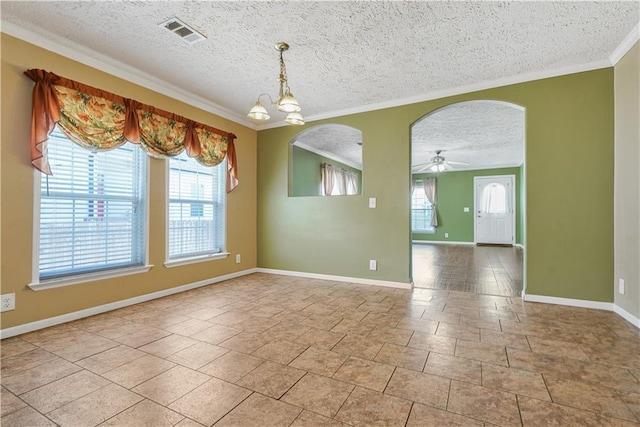4850 Pauline Dr, New Orleans, LA 70126 - spare room with plenty of natural light, ornamental molding, a textured ceiling, and a ceiling fan