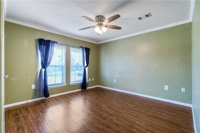 4850 Pauline Dr, New Orleans, LA 70126 - empty room featuring dark wood-type flooring, a ceiling fan, and crown molding