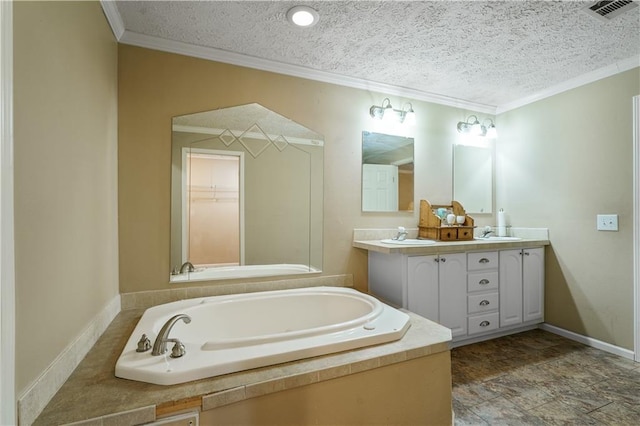 4850 Pauline Dr, New Orleans, LA 70126 - full bathroom with double vanity, a bath, ornamental molding, and a textured ceiling