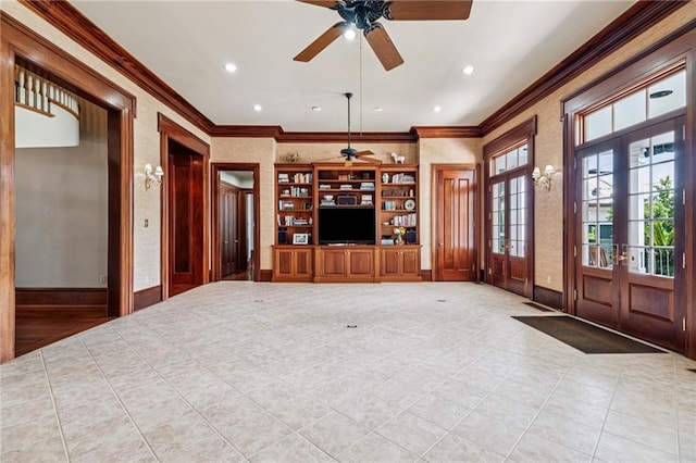 52 Tokalon Pl, Metairie, LA 70001 - unfurnished living room featuring a ceiling fan, crown molding, light tile patterned floors, french doors, and recessed lighting