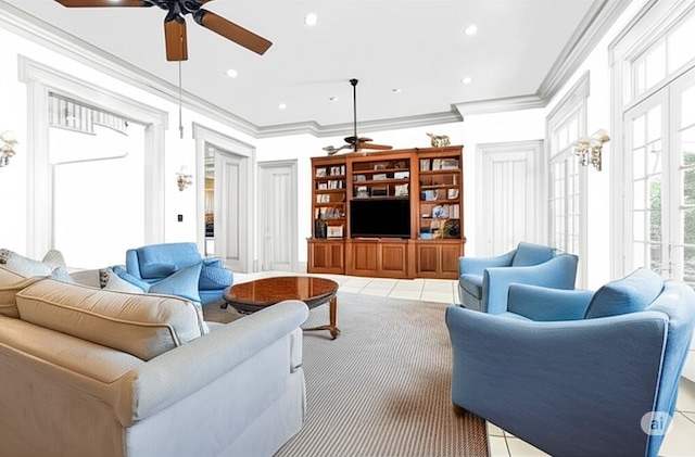 52 Tokalon Pl, Metairie, LA 70001 - living room featuring a ceiling fan, ornamental molding, tile patterned floors, and recessed lighting