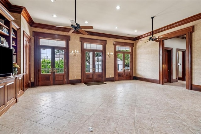 52 Tokalon Pl, Metairie, LA 70001 - entrance foyer featuring ceiling fan, crown molding, recessed lighting, light tile patterned flooring, and french doors