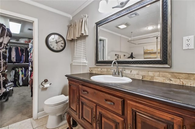4969 Tasha Ln, Jean Lafitte, LA 70067 - full bathroom with crown molding, vanity, decorative backsplash, tile patterned flooring, and a shower
