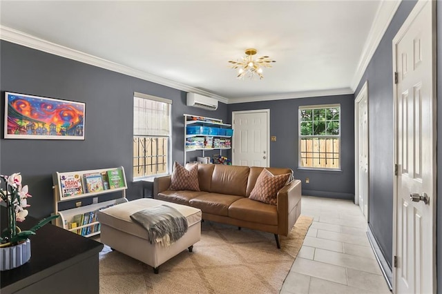 1824 Ursulines Ave, New Orleans, LA 70116 - living room with crown molding, an AC wall unit, and light tile patterned floors