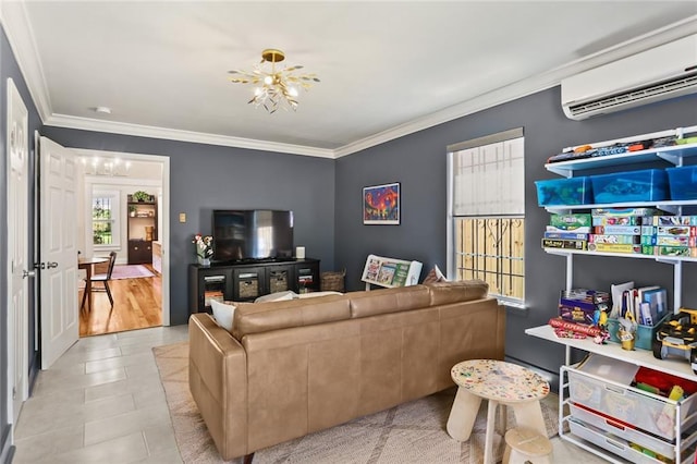1824 Ursulines Ave, New Orleans, LA 70116 - living room featuring a chandelier, ornamental molding, a wall unit AC, and tile patterned floors