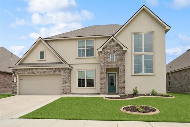 6031 Belfast Bend Ct, Slidell, LA 70461 - traditional-style home with stucco siding, a front lawn, driveway, and brick siding
