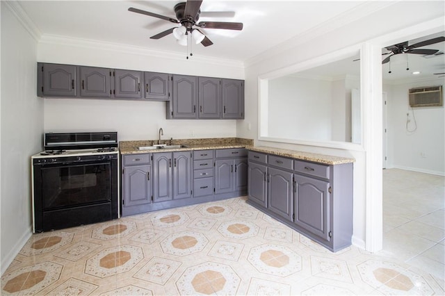 8013 Simon St, Metairie, LA 70003 - kitchen with gas range, ceiling fan, gray cabinetry, and crown molding