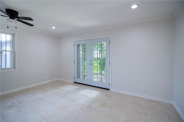 8013 Simon St, Metairie, LA 70003 - spare room featuring french doors, healthy amount of natural light, light tile patterned floors, recessed lighting, and ceiling fan