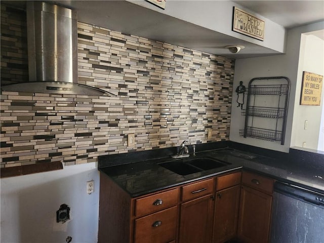 4440 Werner Dr, New Orleans, LA 70126 - kitchen with stainless steel dishwasher, island range hood, backsplash, and dark countertops
