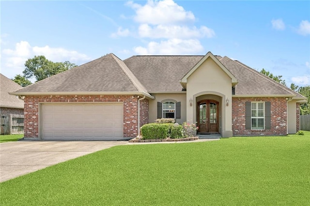 324 Nelson Landing Dr, Pearl River, LA 70452 - french country style house featuring french doors, an attached garage, concrete driveway, roof with shingles, and brick siding