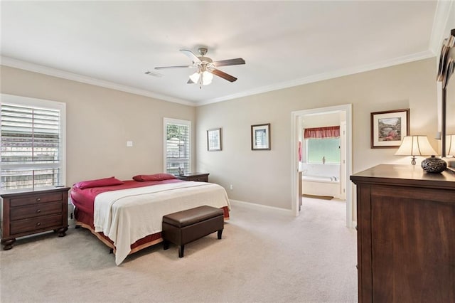 324 Nelson Landing Dr, Pearl River, LA 70452 - bedroom with light carpet, crown molding, ceiling fan, and connected bathroom