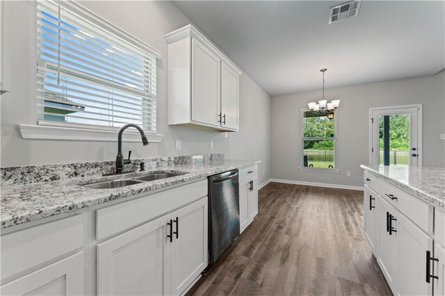 42333 Jasper Ln, Ponchatoula, LA 70454 - kitchen featuring stainless steel dishwasher, dark wood-type flooring, white cabinets, a chandelier, and light stone countertops