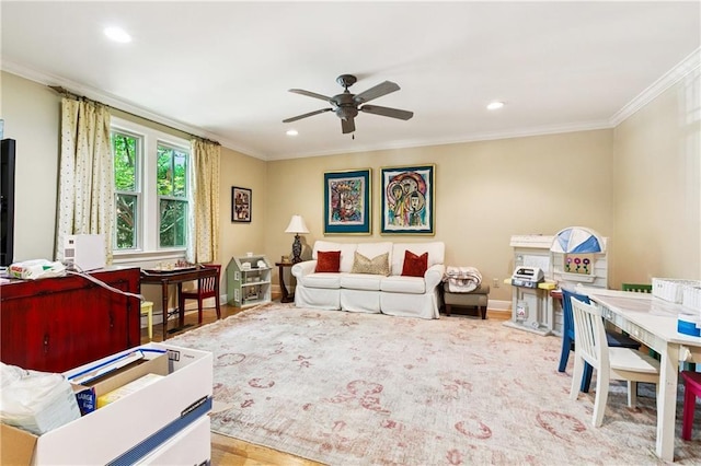 42 Crane St, New Orleans, LA 70124 - living room with a ceiling fan, crown molding, recessed lighting, and wood finished floors