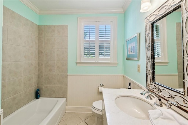 42 Crane St, New Orleans, LA 70124 - full bathroom with a wainscoted wall, ornamental molding, tile patterned floors, vanity, and shower / tub combination