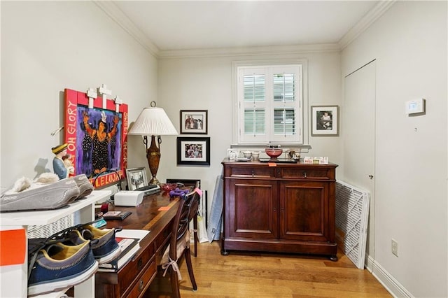 42 Crane St, New Orleans, LA 70124 - home office featuring light wood-type flooring and ornamental molding