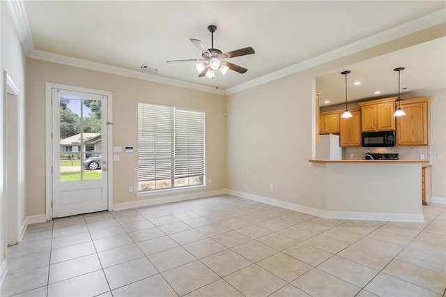 739 Chevreuil St, Mandeville, LA 70448 - unfurnished living room with light tile patterned flooring, ceiling fan, crown molding, and recessed lighting