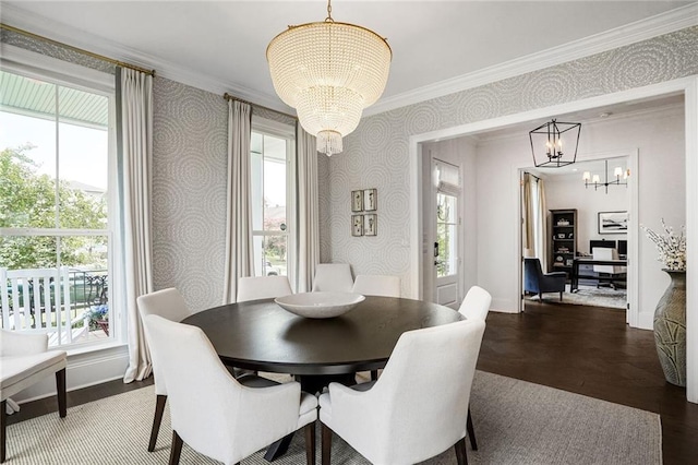 6818 Louisville St, New Orleans, LA 70124 - dining room with a chandelier, dark wood-style flooring, and crown molding