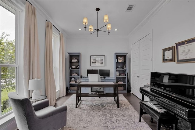 6818 Louisville St, New Orleans, LA 70124 - office area featuring a chandelier, plenty of natural light, dark wood-type flooring, crown molding, and recessed lighting